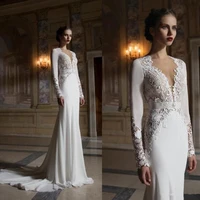 2019 new lace mermaid wedding dresses plunging v neck hollow back long sleeves sweep train custom made bridal gowns