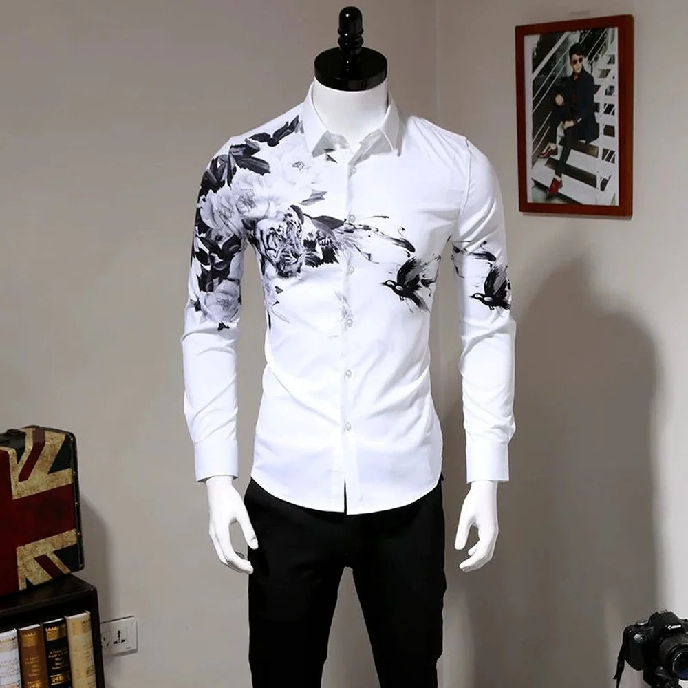 Men's Long-sleeved Shirt, Autumn Lapel Button, Youth Trend Tiger Flower Bird Digital Printing Non-iron Long-sleeved White Shirt