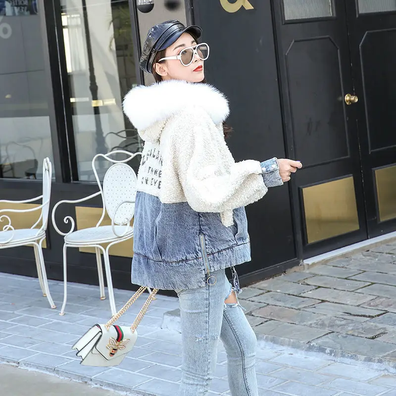 

2021 New Denim Lambswool Splice Jackets Winter Autumn Casual Warm Cotton Coats Womens Denim Jacket Parkas Spring Hooded Outwear