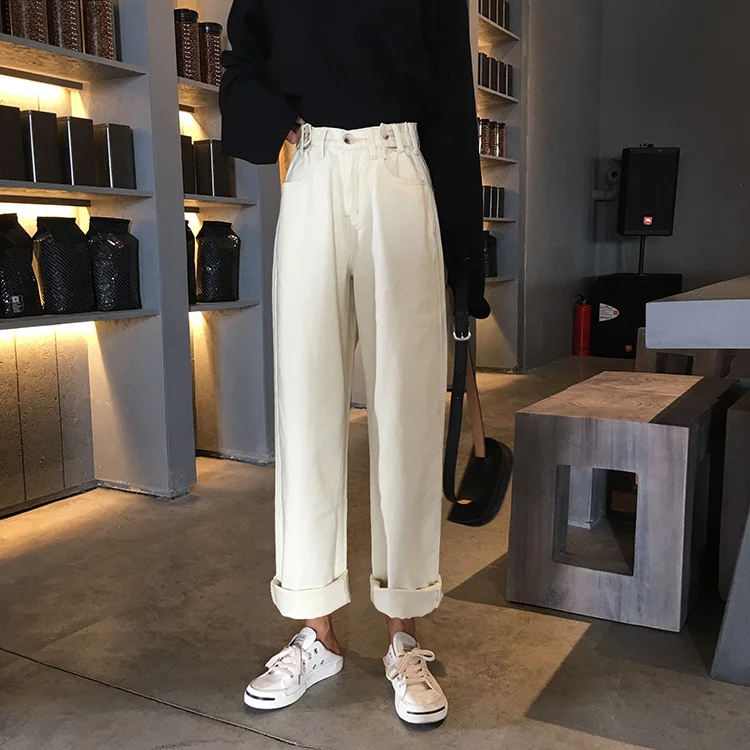 Mooirue Джинсы бойфренда для женщин однотонные прямые Harajuku уличная Высокая талия повседневные винтажные корейский стиль женские джинсовые брюки