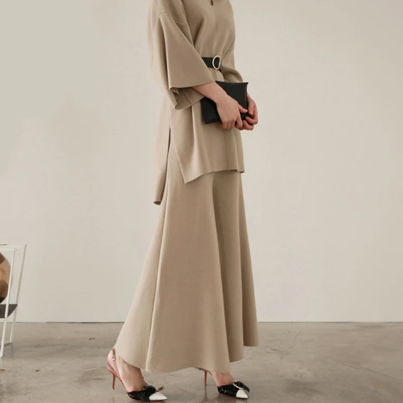 khaki SuperAen/Модные женские трикотажные комплекты в европейском стиле г., осенний пуловер большого размера с v-образным вырезом, свитер с высокой талией, широкие штаны, комплект из двух предметов - Цвет: khaki