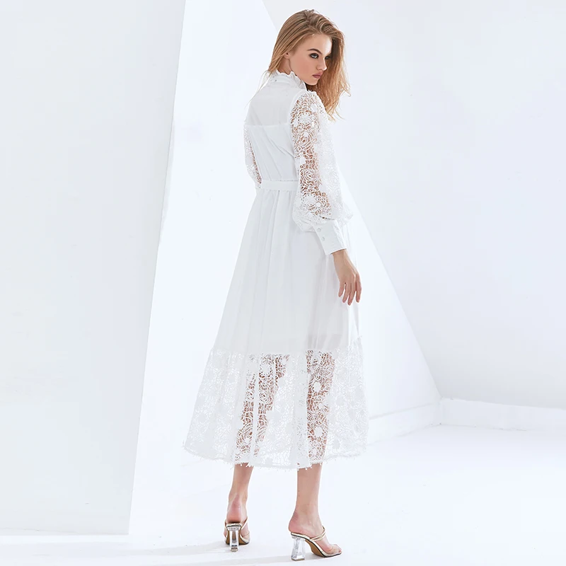 

TWOTWINSTYLE Elegant Patchwork Lace Women's Dress Stand Collar Long Sleeve High Waist Sashes Dresses Female 2021 Spring Fashion