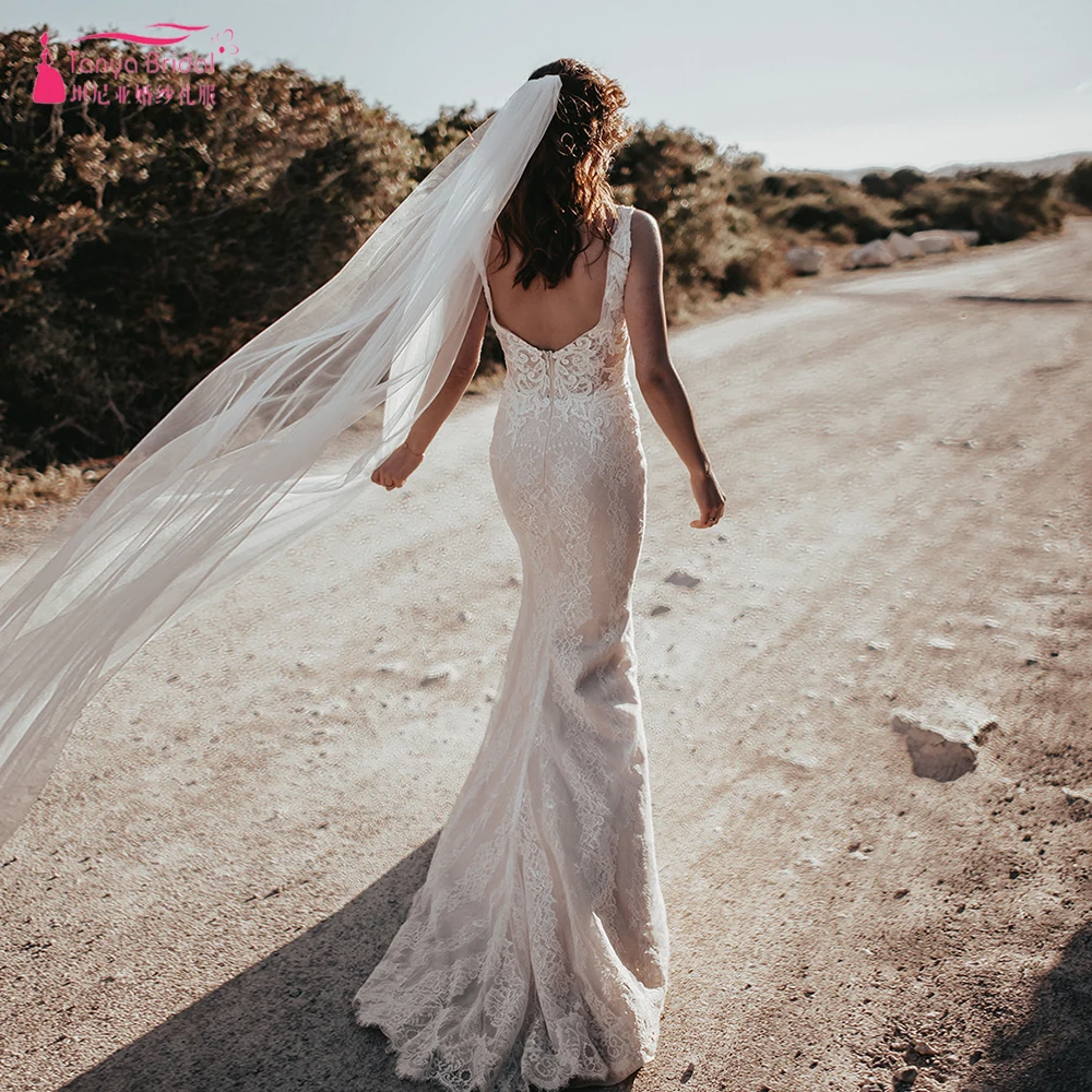 

Mermaid Lace Wedding Dresses V-Neck Backless Bridal Gowns Nude Lining elegant Noivas ZW361