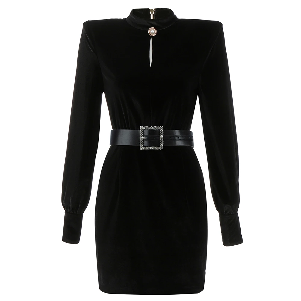 

2021 New Summer Women's Sexy Stand Long Sleeve Button Slim Black Velvet Dress Fashion Celebrity Club Party Dress Vestido