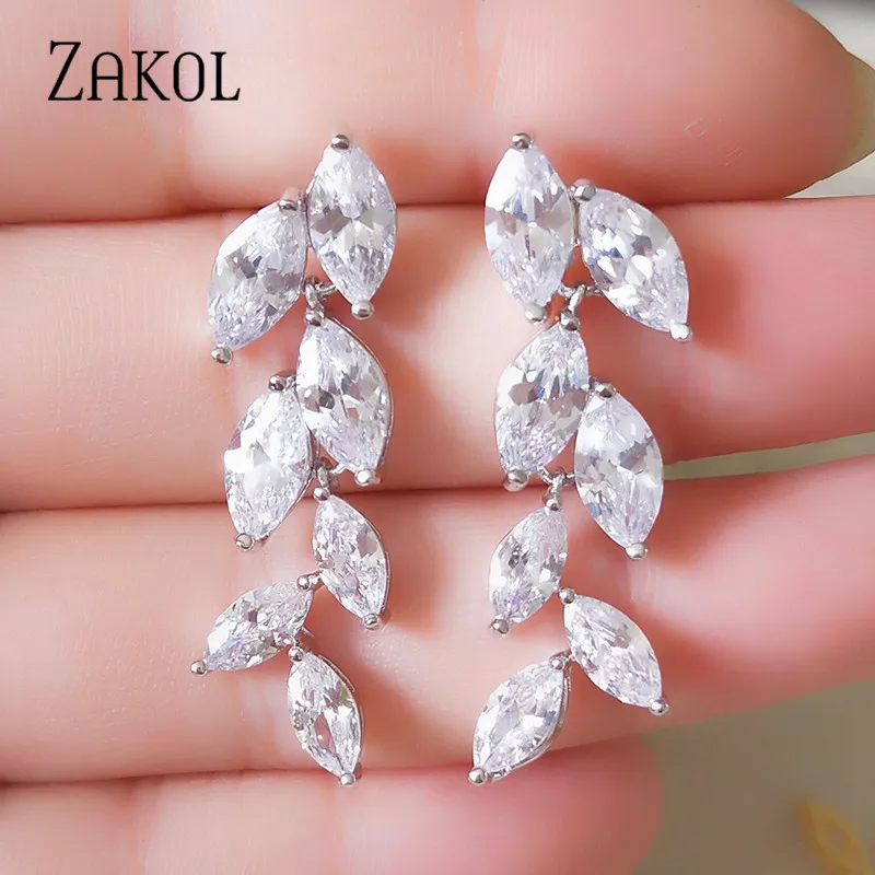 ZAKOL Fashion Marquise Cut White AAA CZ Zircon Crystal Drop Earrings for Women Gold Color Leaf Wedding Jewelry FSEP512 | Украшения и