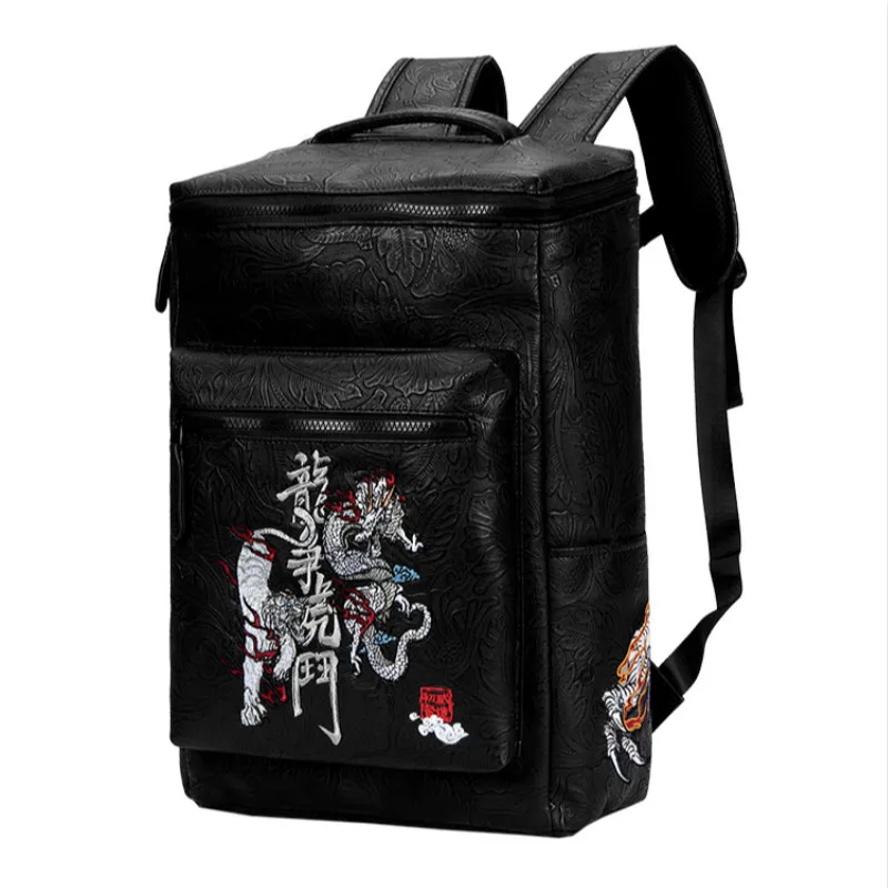 Chinese Style PVC Black Travel Backpacks Men Vintage Embroidered dragon and tiger School Backpacks Women