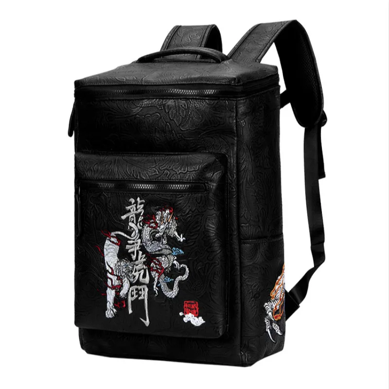 

Chinese Style PVC Black Travel Backpacks Men Vintage Embroidered dragon and tiger School Backpacks Women