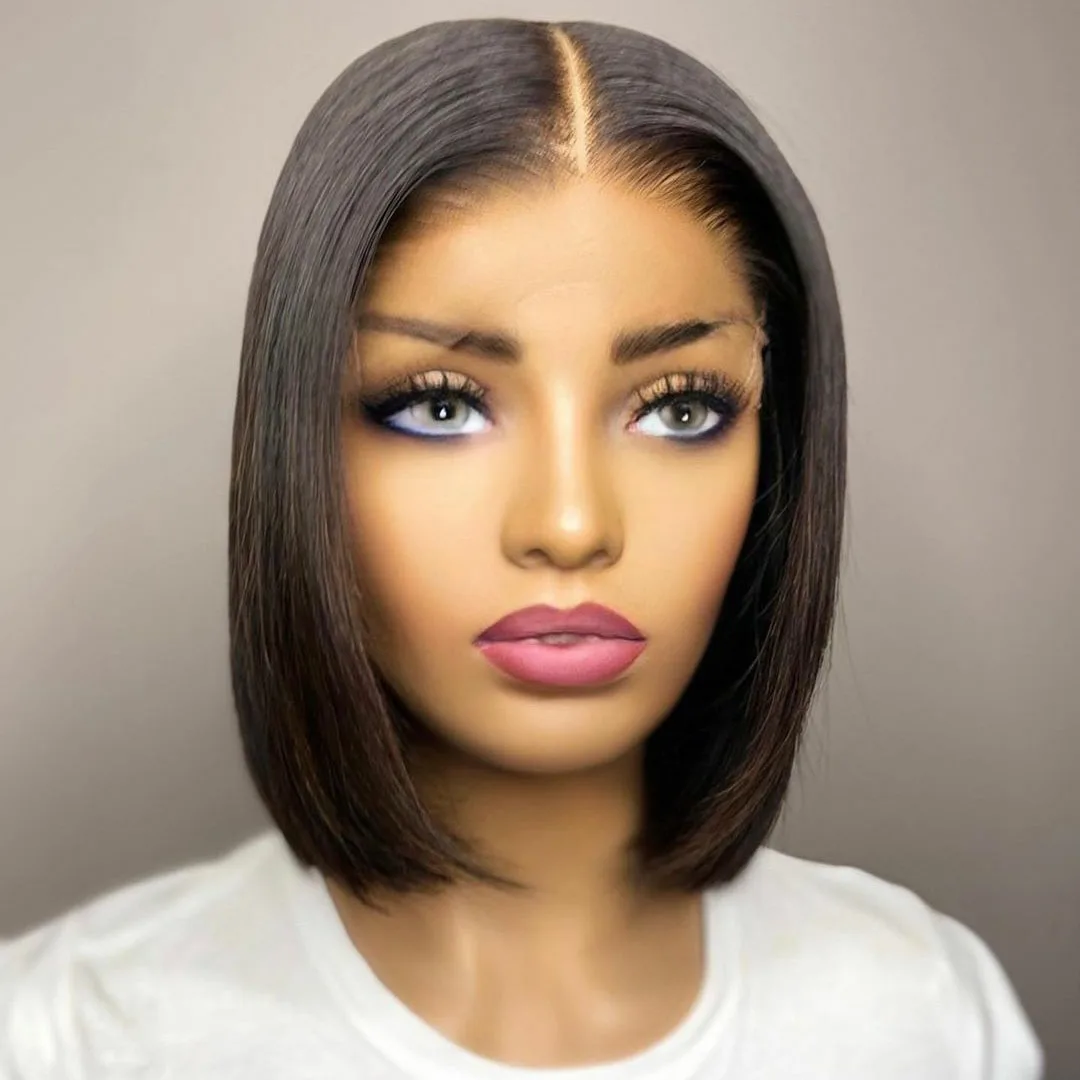 14 Inch Jet Black Short Bob Hair Wigs For Women Baby hair Natural Hairline Lace Front Wig Synthetic Cosplay Daily | Шиньоны и парики