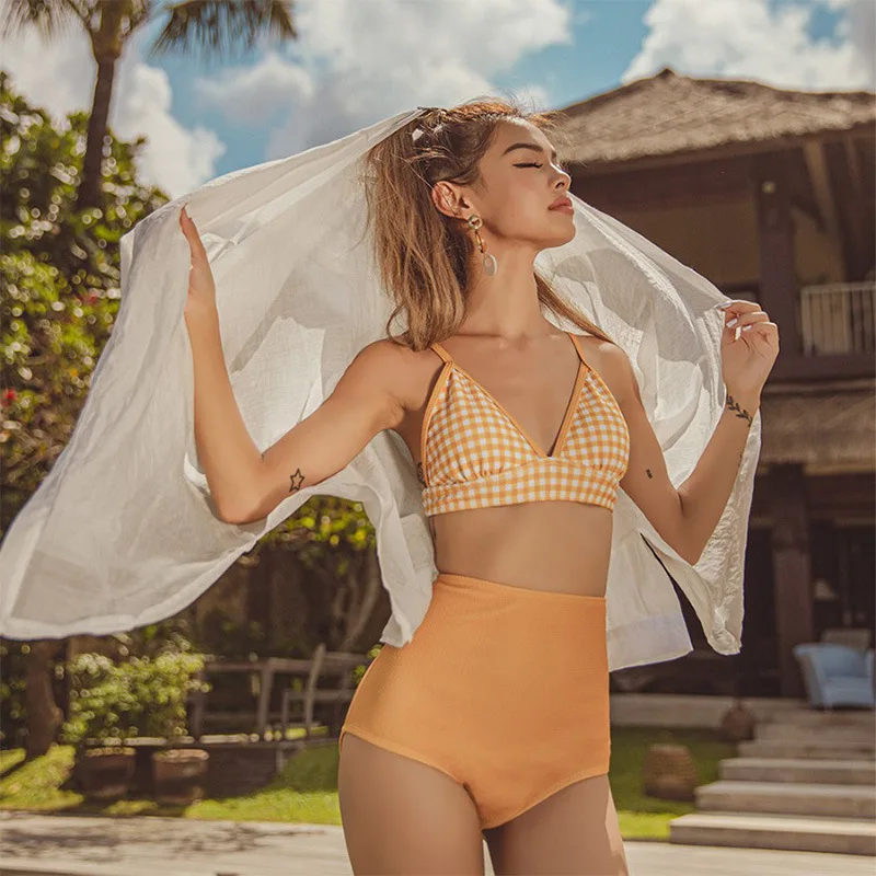

Yellow lattice Bikini Sets Sexy Swimsuit Two Pieces Swimwear Women 2020 Summer Beach Bathing Suits