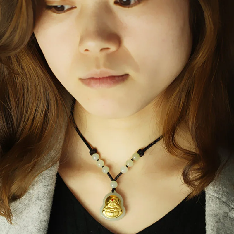 

NATURAL HANDCARVED WHITE BUDDHA JADE PENDANT INLAID18K GOLD PENDANTS NECLACE WOMEN JADEITE JADE JEWELRY JADE NECKLACE