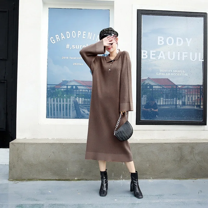 

Oversized Long Knit Women Maxi Straight Dress Thick Warm Turn-Down Collar Sweater Dress Autumn Winter Button Party Dress