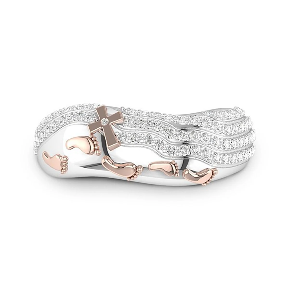 

Qilimigu Fashion 925 Silver Engraved Letter Ring Romantic Gold Footprint Women's Wedding Engagement Diamond Ring