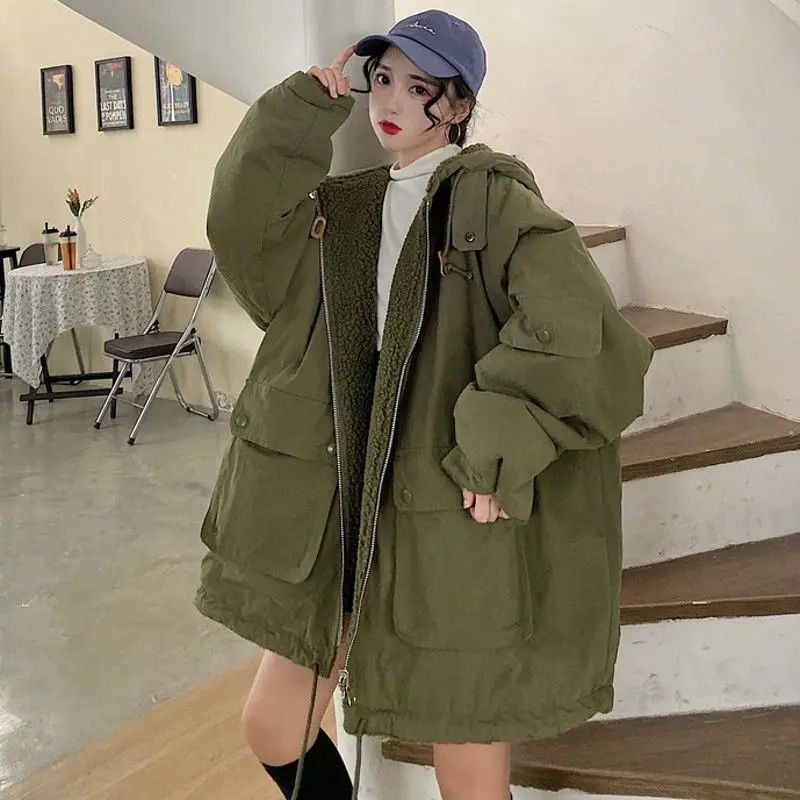 

Sides Wear Lamb Fur Jacket Ladies Hooded Oversized Loose Coat Women 2020 Winter Fashion Warm Parka Outwear Female