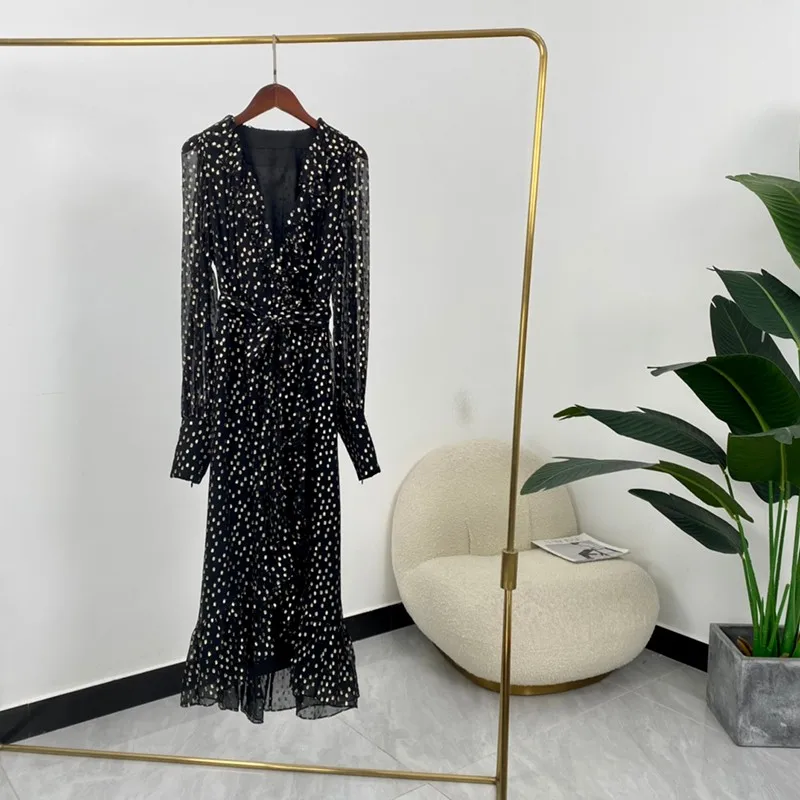 

Autumn Women Fashion A-line Metallic Dot Ruffle V-neck Long Sleeves Side Slit Mid-calf Wrapped Dresses High Quality