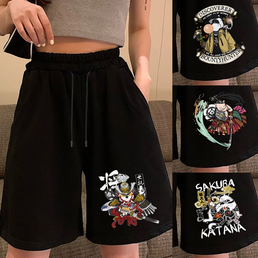 

Women Bermuda Shorts High Waist Wide Leg Female Student Samurai Printed Casual Outfit Straight Drawstring with Pocket Shorts