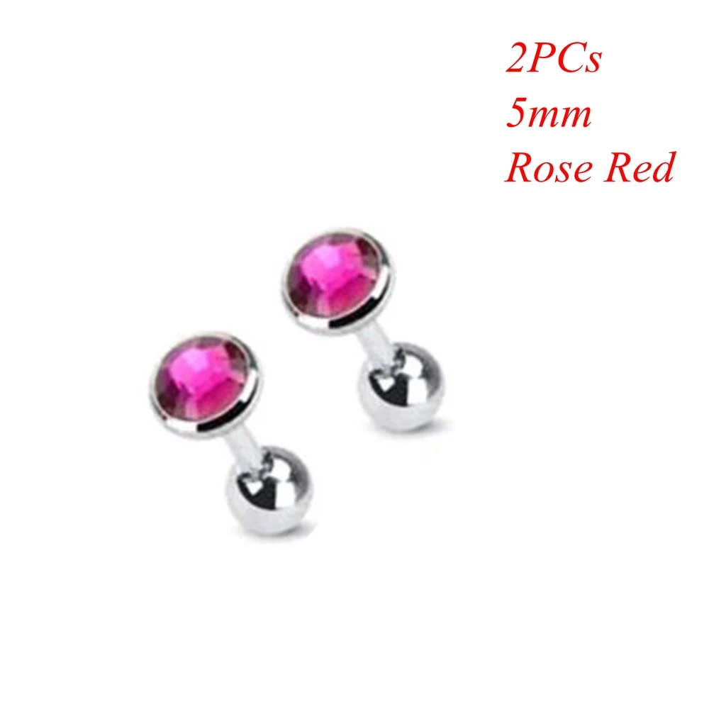 5mm rose red 2 шт хирургическая сталь драгоценный камень штанга ушной хрящ трагус спираль серьга-гвоздик для пирсинга Циркон многоцветные серьги гвоздики ювелирные аксессуары - Окраска металла: 5mm rose red