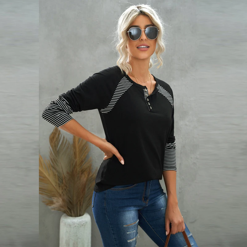 

spring Autumn Woman Tshirts Spliced striped long-sleeved top casual loose poleras mujer black Tops Women's Fall Clothing 2022