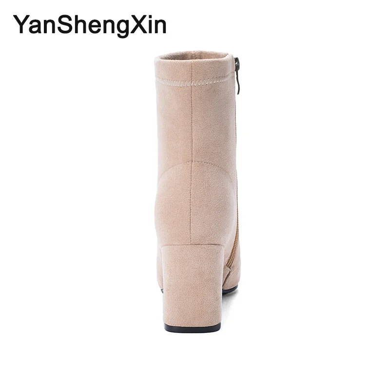 YANSHENGXIN/обувь женские ботинки однотонные замшевые сапоги до середины икры на молнии Женская обувь на высоком каблуке осенне-зимние сапоги женские ботинки