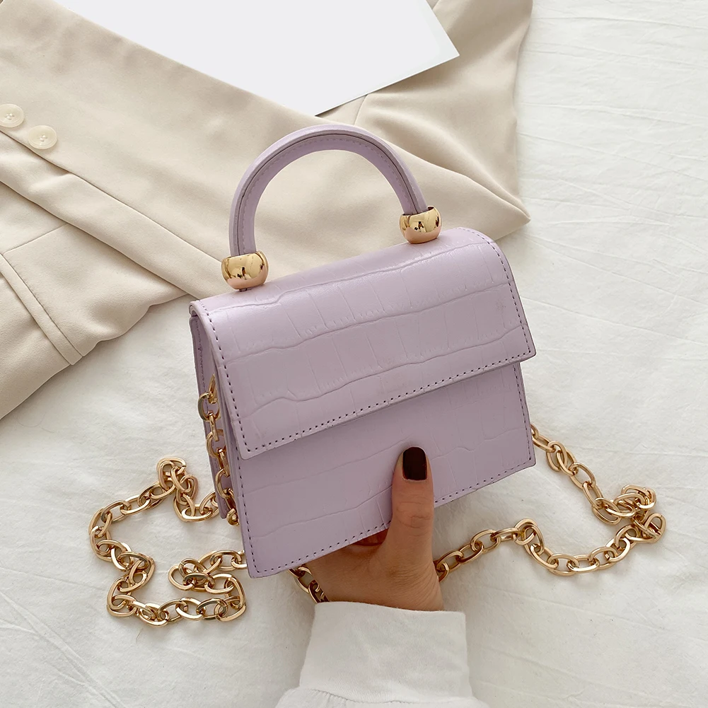 

Women Mini Shoulder Bag Alligator Leather Handle Tote Chain Female Solid Color Crossbody Messenger Pouch