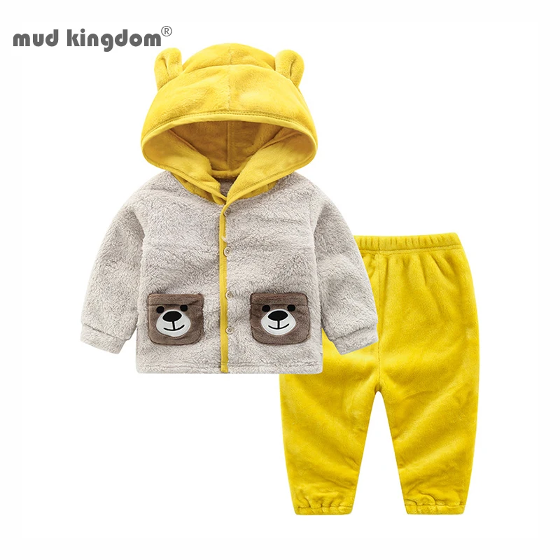 

Mudkingdom Coral Fleece Boy Pajamas Set Heavyweight Warm Flannel Cute Bear Button Shirts and Pants Outfits Kids Clothes Winter