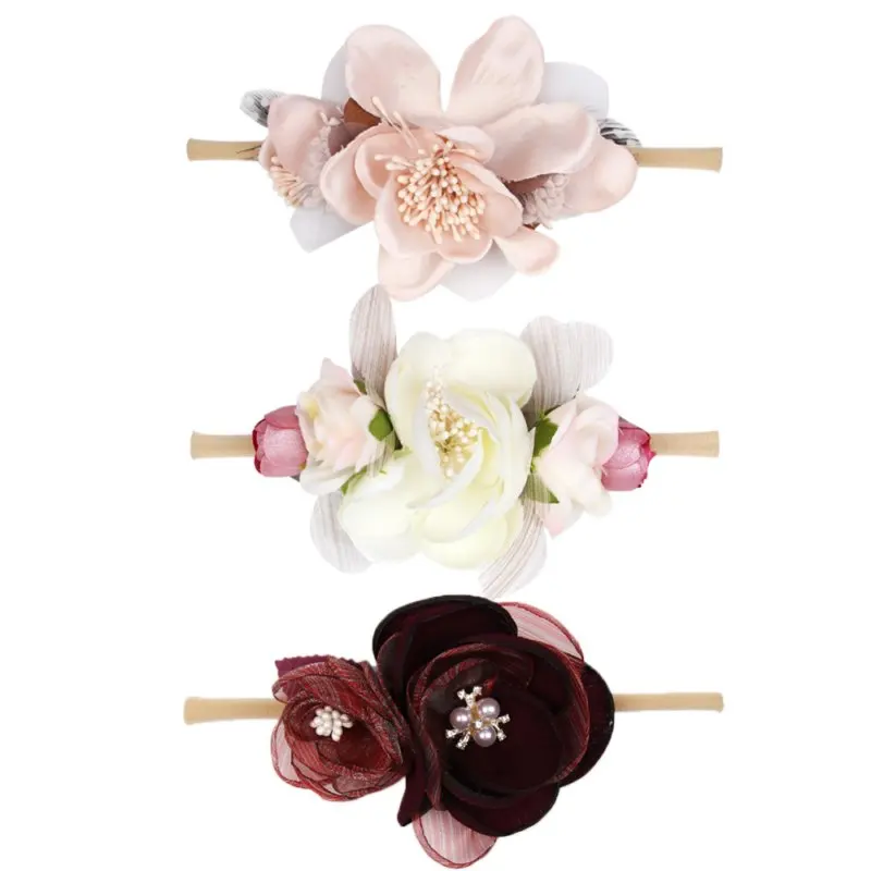 IBOWS Hair Accessories Lovely Baby Headband Fake Flower Nylon Hair Bands For Kids Artificial Floral Elastic Head Bands Headwear