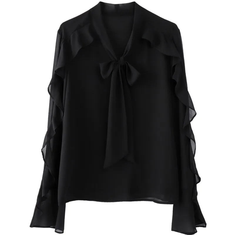 

Chiffon Blouses Womens Autumn Fashion Bow V-neck Long Sleeve Plus Size Office Ladies Shirts Tops Korean Elegant Ruffle Blouse
