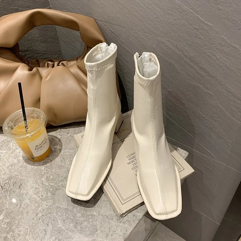 

Square Head Back Zipper Short Boots Woman Boots Autumn / Winter New Korean Fashion Thin High Botas Mujer