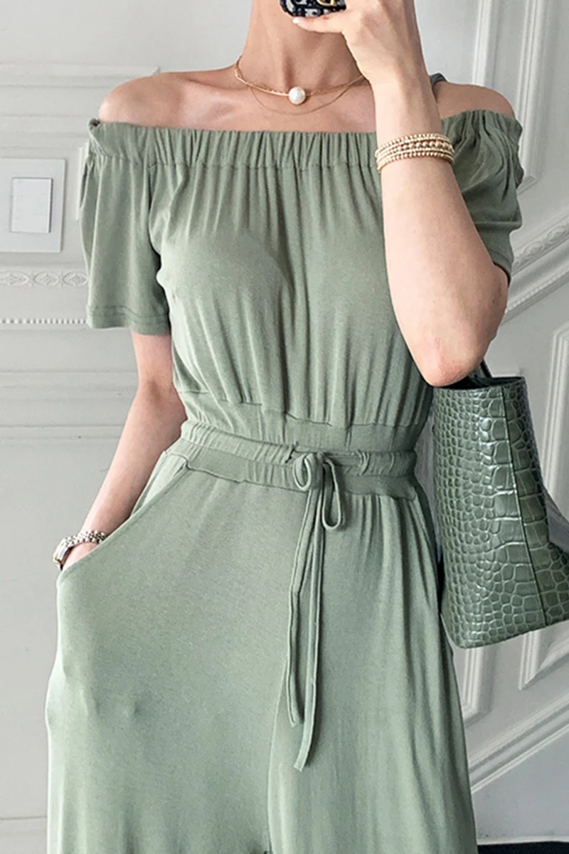 

Korean chic summer French elegant one-line collar strapless folds drawstring waist casual wide-leg jumpsuit