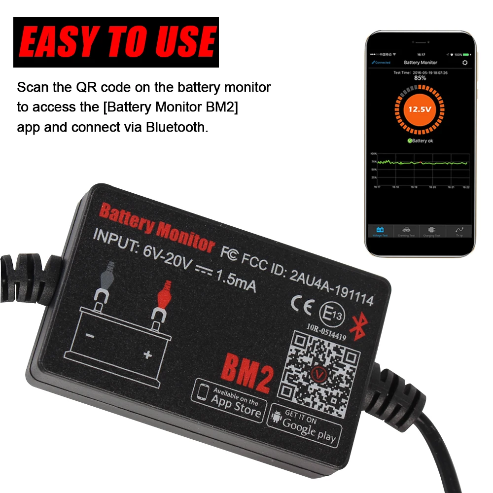Монитор автомобильного аккумулятора Bluetooth-Compa 4 0 12 В с сигнализацией BM2 устройство