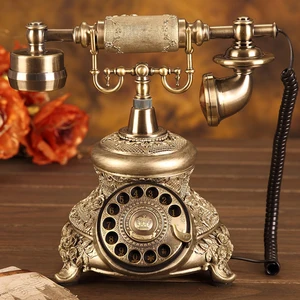 antique golden corded telephone retro vintage rotary dial desk telephone phone with redial hands free home office decoration free global shipping