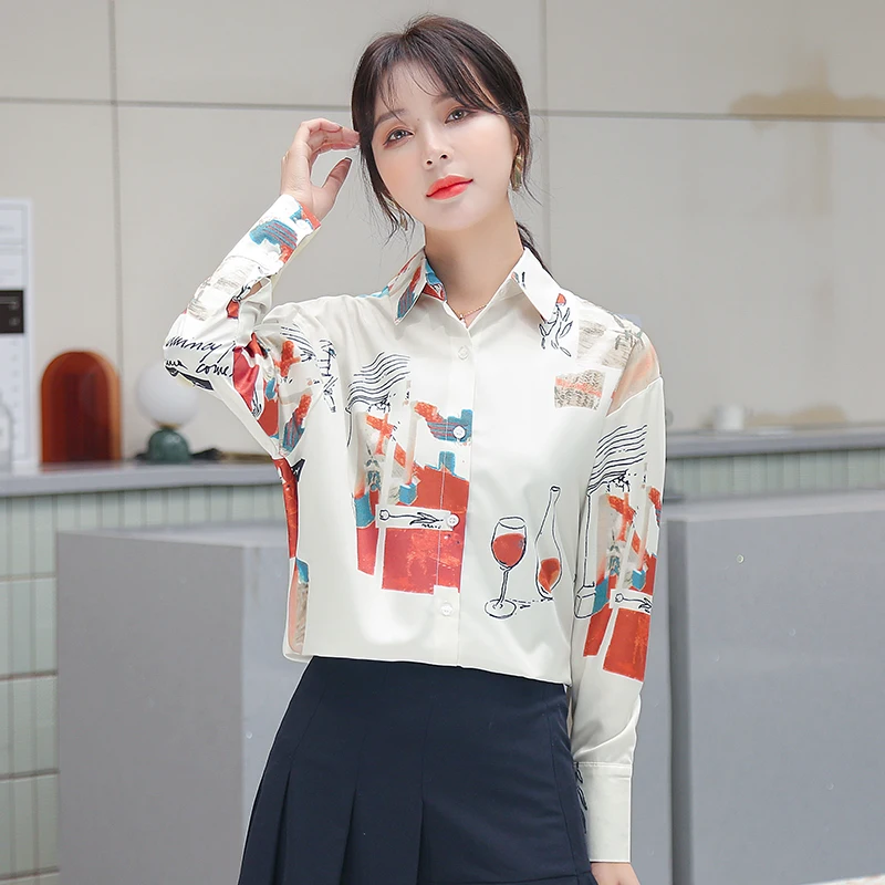 

Шифоновая женская блузка с принтом, рубашка-поло для девушек, модная новая свободная Повседневная летняя блузка, Женский Топ с длинным рука...