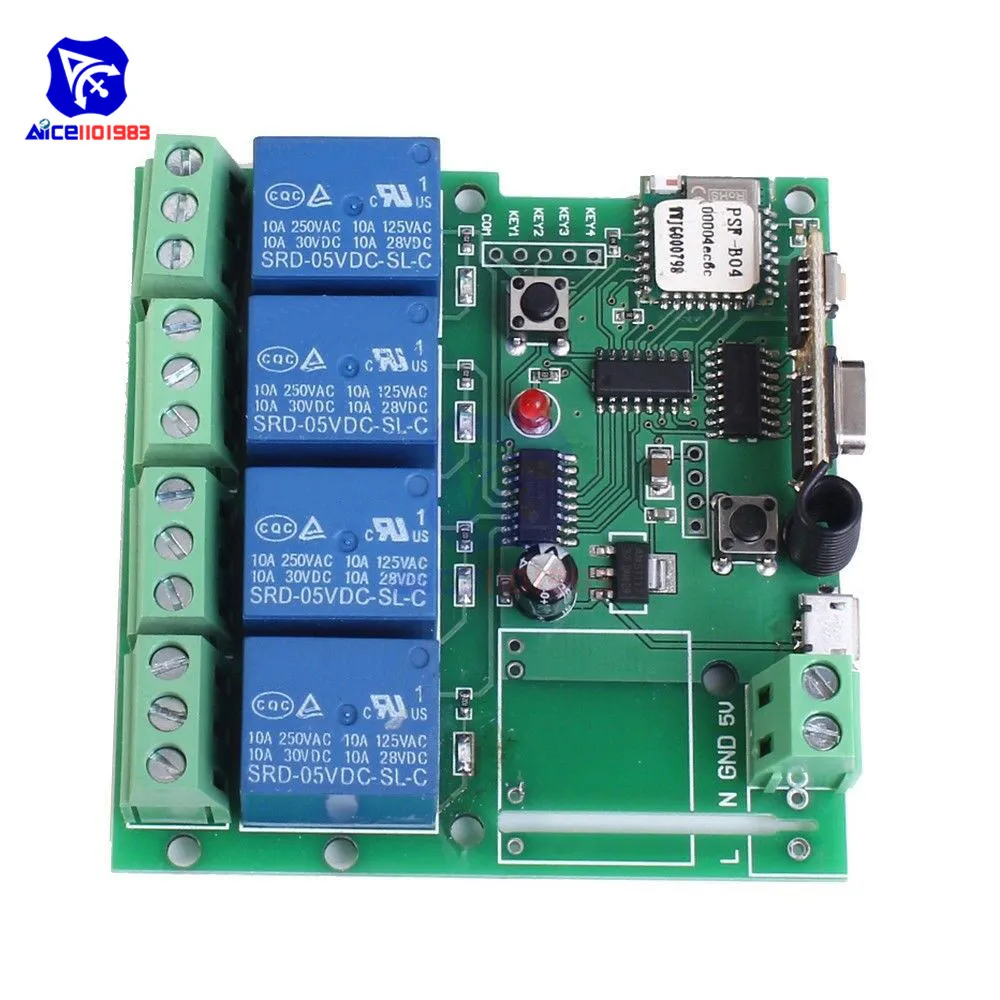 Diymore Sonoff WiFi переключатель 433 МГц 4CH AC 85-220 В/DC 5 В WiFi переключатель таймер релейный модуль с 433 МГц пульт дистанционного управления для умного дома