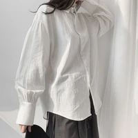 autumn womens new square collar solid color cotton linen simple foam sleeves loose ladies long sleeves shirt
