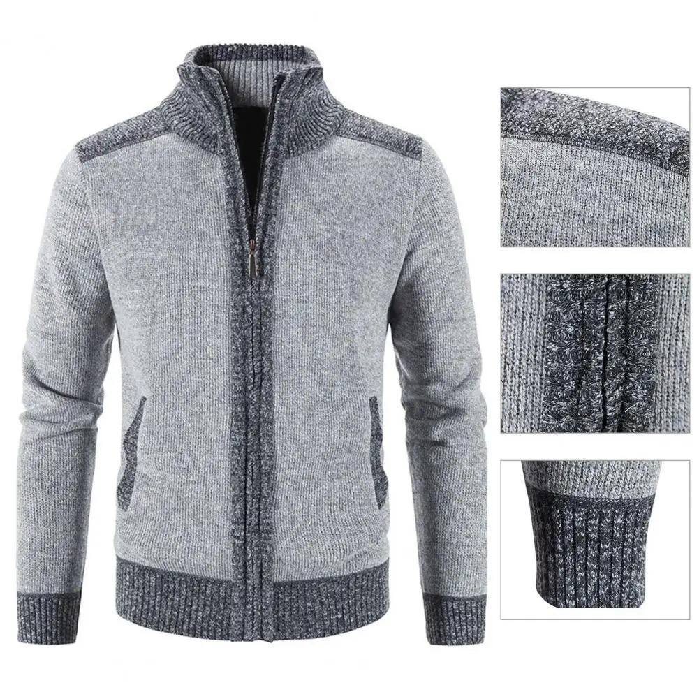 

Elastic Long Sleeve Patchwork Color Pockets Stand Collar Sweater Coat for Daily Wear