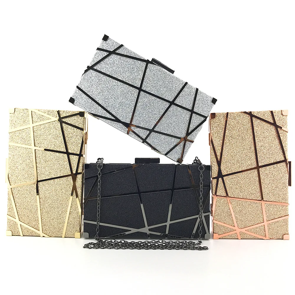 

Hollow Out Metal Day Clutches Sequined Shoulder Chain Handbags Metal Luxury Laides Crossbody Purse