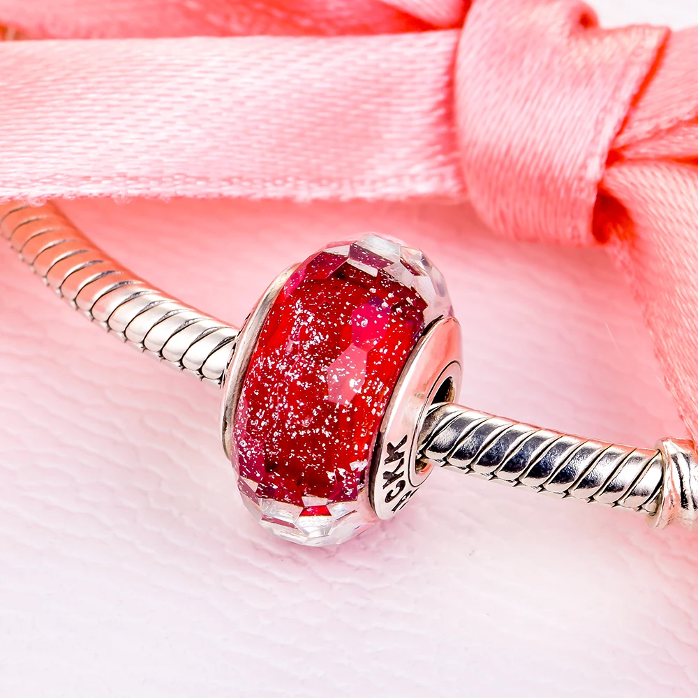 

DIY Fits Pandora Charms Bracelets Red Shimmer Murano Glass Beads 100% 925 Sterling-Silver-Jewelry Free Shipping