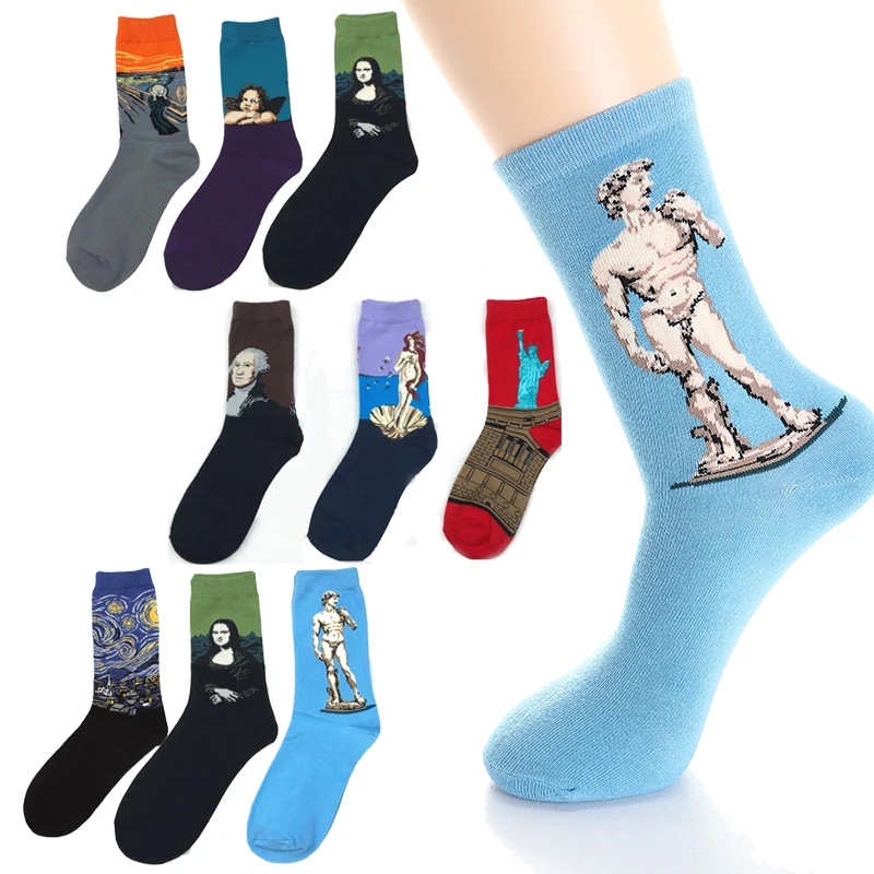 

Новинка 1 пара мужских носков Звездная ночь искусство всемирно известная картина маслом хлопковые носки смешные зимние счастливые носки