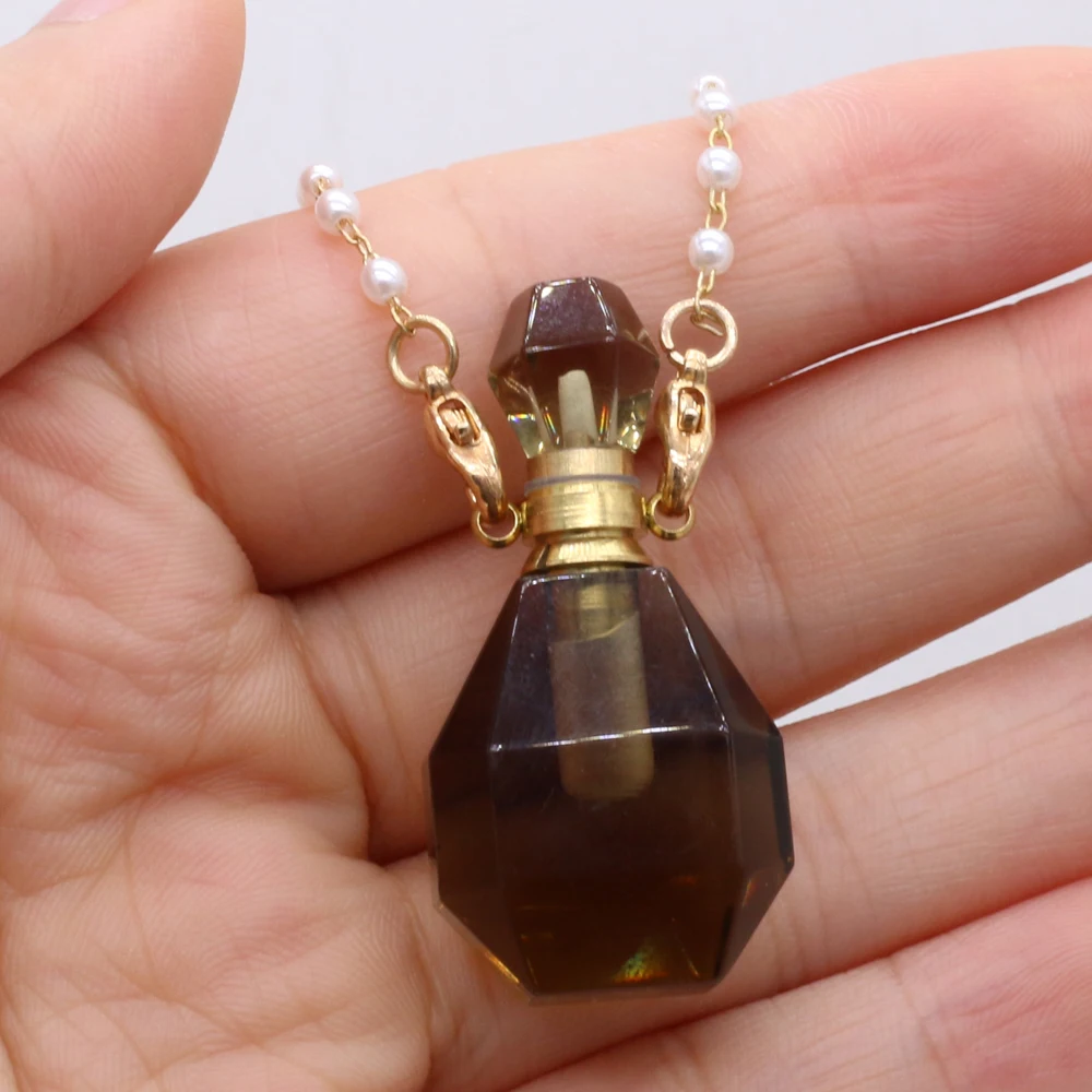 

Natural Smoky Quartz Perfume Bottle Pendant Necklace Vintage Agate Stone Necklace Charms for Women Jewerly Best Gift 20x38mm