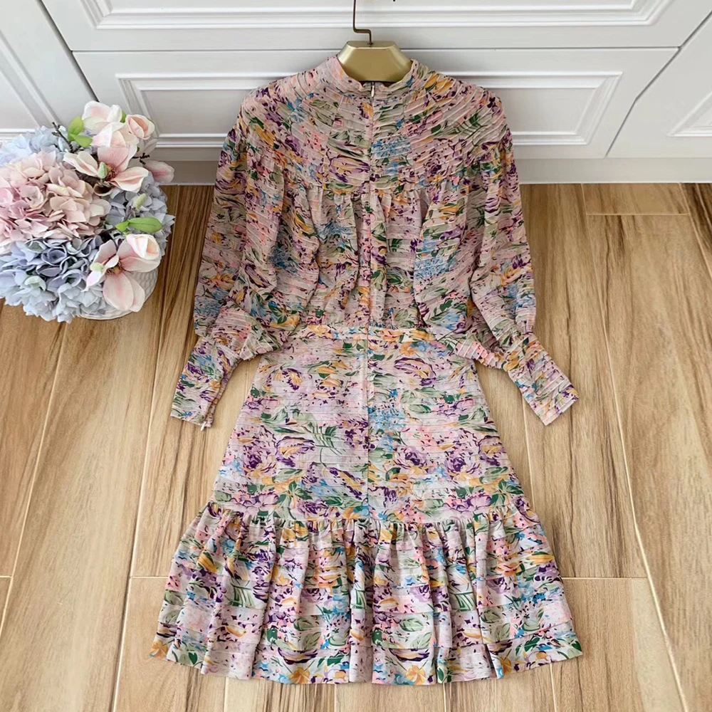 Red RoosaRosee Runway Designer Women Elegant Flower Print Autumn Spring Draped Dress Long Lantern Sleeve Gorgeous Party Dresses