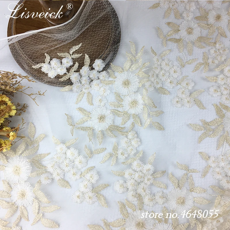 

1yard new gold thread embroidered cloth fashion diamond mesh printing embroidery fabric dress clothing wedding accessories