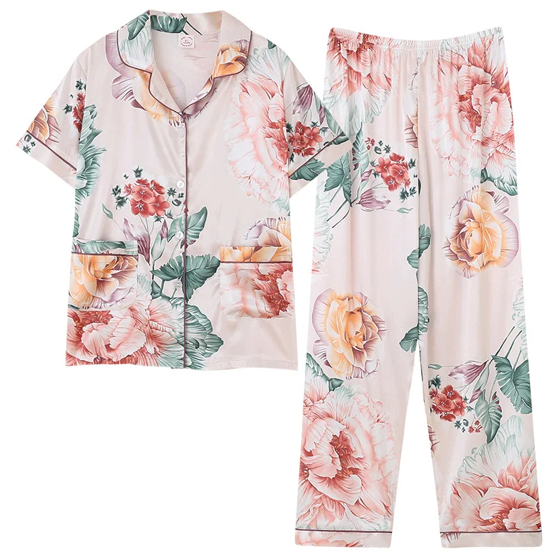 Summer Silk Pajamas Women's Silk Cardigan Short-sleeved Trousers Two-piece Suit Women's Casual Loose Home Wear Women's Pajamas