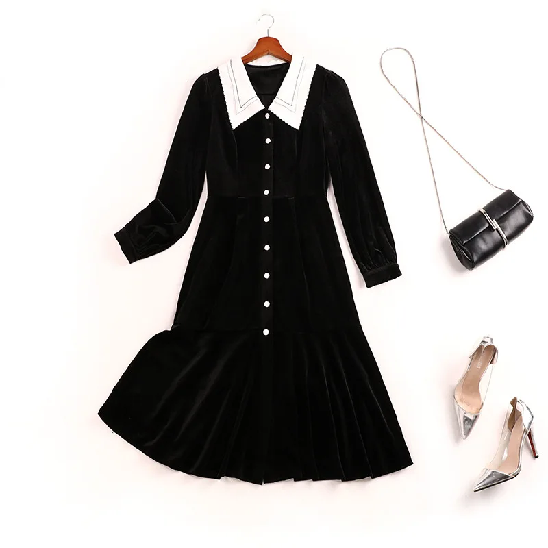 

Xl-5xl Black Long Sleeve Lapel Single Breasted Loose Large French Women Dress Plus Size 6l Slim Reduction Big Sizes Dresses