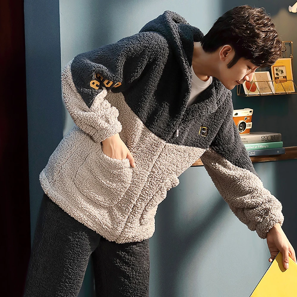 Winter Warm Hooded Pajama Sets Double Sides Thick Flannel Antistatic Male Pajamas Soft Elastic Waist Long Pants Plus Size Pijama