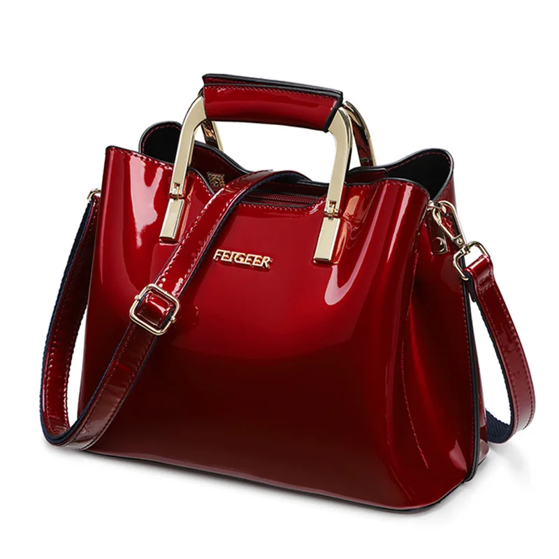 

Bright Patent Leather Women Bags Luxury Designer Handbag High Quality Burgundy Red Wedding Bridal Bag Ladies Hand Bag Tote Purse
