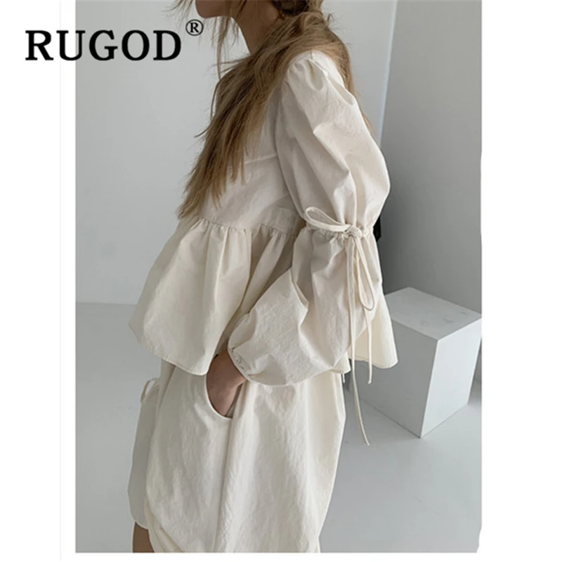 RUGOD ins, модная однотонная женская блузка, Корейская, с пышными рукавами, с открытой спиной, на шнуровке, женская осенняя одежда, повседневные, с оборками, милые топы, femme