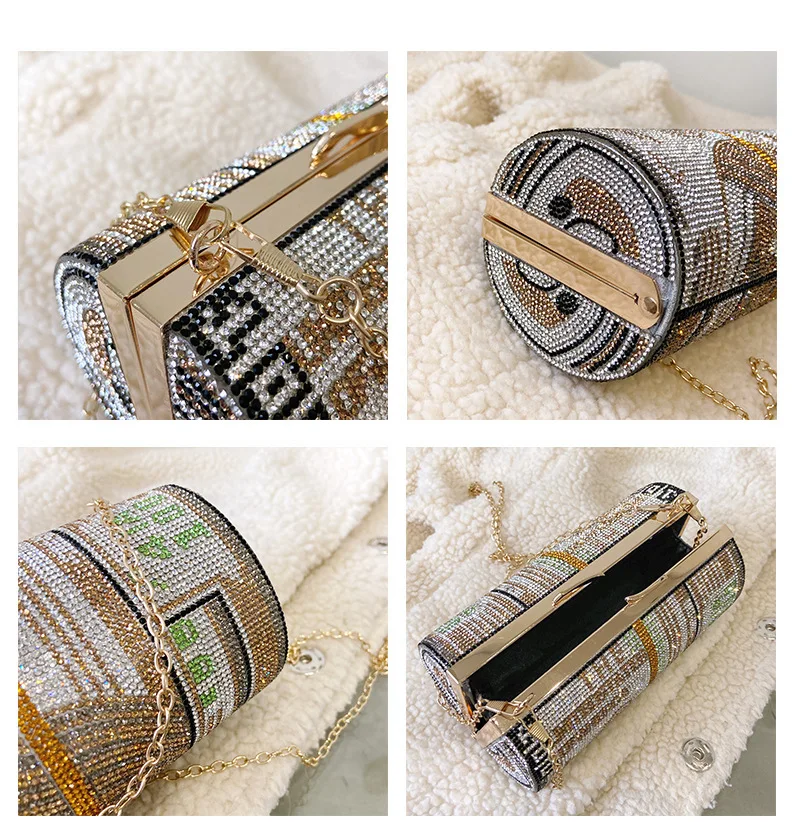 

Cylindrical Diamond Dollar Design Party Luxury Evening Clutch Bag Wedding Banquet Purses and Handbags Women Fashion Shoulder Bag