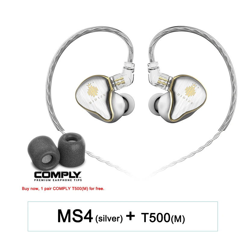 silver with T-500 HIDIZS Гибридный Драйвер(3 Knowles BA+ 1 DD) MS4 Hi-Fi наушники-вкладыши IEM с 2 Pin 0,78 мм съемный кабель - Цвет: silver with T-500