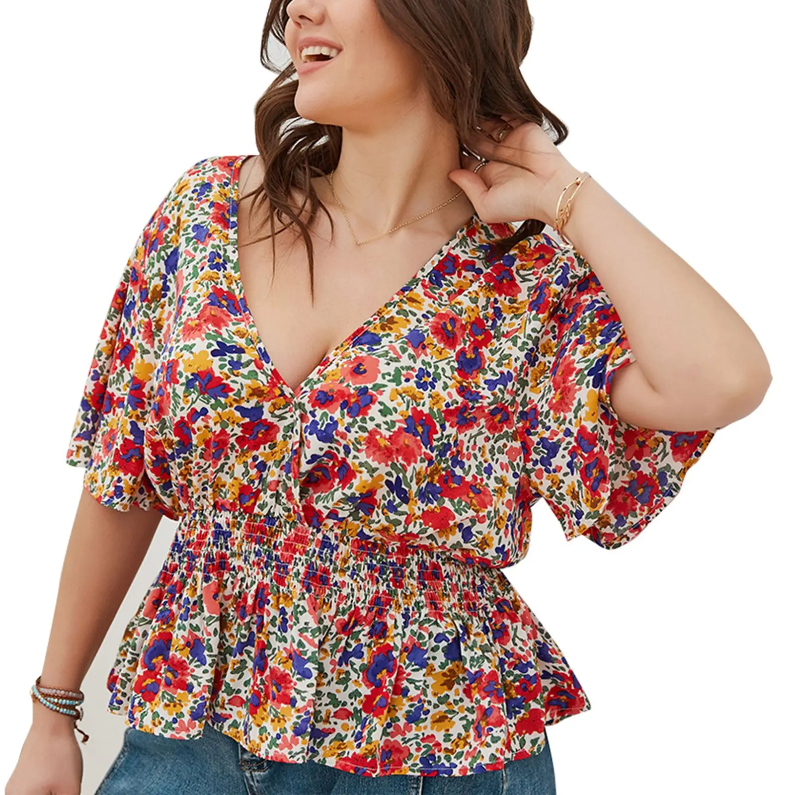

Large Size Printed Slim Shirt Summer Short Sleeve V Neck Women Casual Oversized Blouses