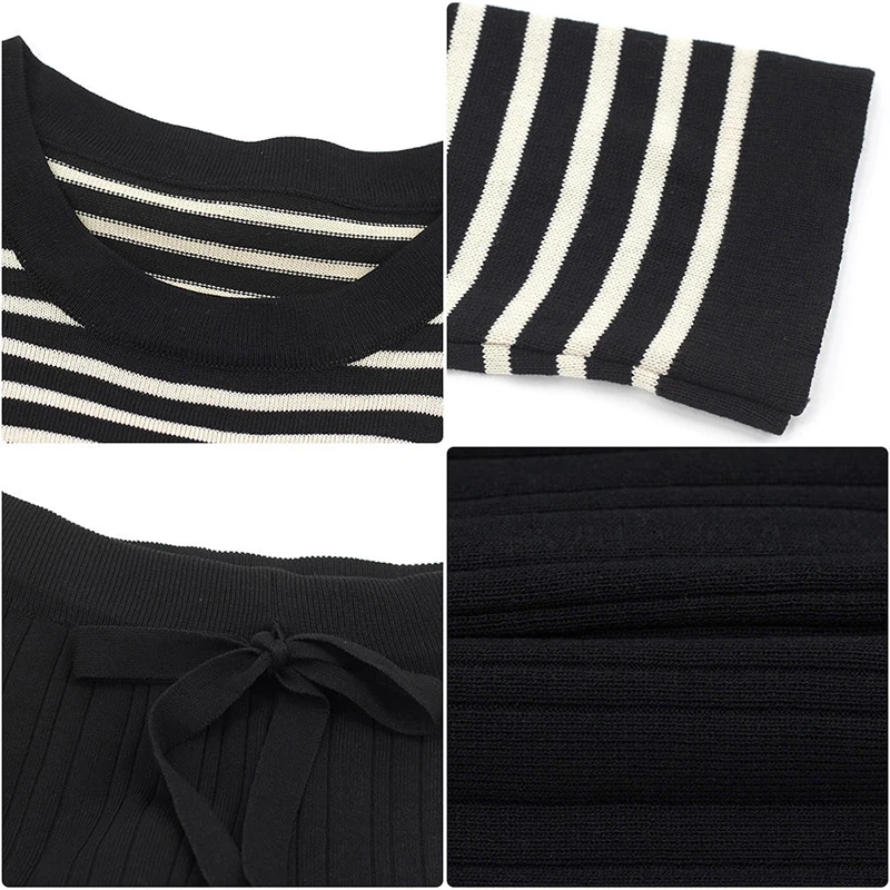 

Women O-Neck Striped Pullovers And Solid High Waist Wide Leg Pants Korean Style Sets Casual Long Sleeve Knitted Two Peice Suit