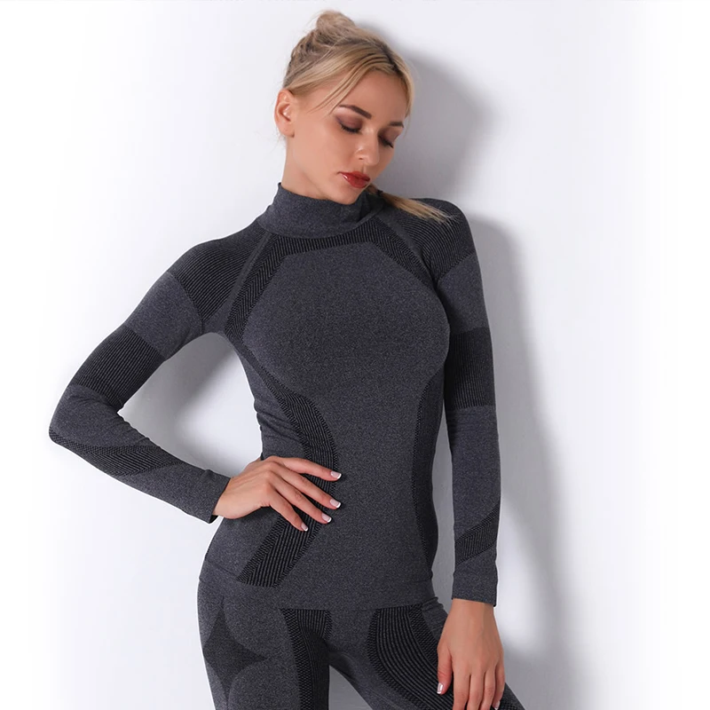

Women Seamless Yoga Tops Long Sleeve T-shirts Workout Clothing Fitness Shirt Solid Clothes Sportswear High Neck Gym Tights